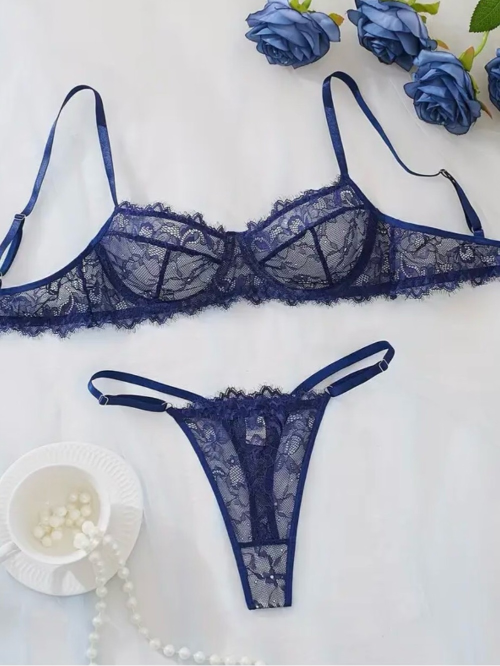 Navy Lace Underwire Bra & Thong Set - Women's Intimates